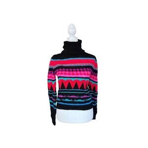 Vtg Alberoy Knitted Turtleneck Sweater Colorful Geometric Stripe Sweater Sz L